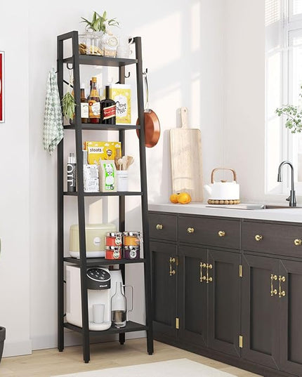 YMYNY 5 Tiers Ladder Bookcase, Industrial Narrow Bookshelf, Open Display Rack with 4 S Hooks, Metal Storage Shelves for Bedroom, Home Office, Living Room, Black, 63H*13.4L*11.8W, UHBC025B - LeafyLoom