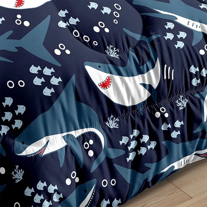 Shark Bedding Set for Boys Bedroom - 3Pcs Full Size Cartoon Sharks Comforter Set for Boys Kids Drak Blue Sea Animal Theme Bedding Set for Kids Room Decor Sharks Pattern Comforter with 2 Pillowcases - LeafyLoom