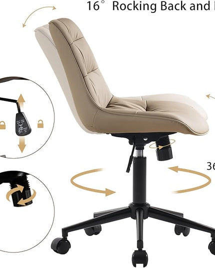Kidol & Shellder Armless Office Chair Desk Chair Comfy Makeup Vanity Chair with Back Ergonomic Swivel Chair Home Office Desk Chairs with Wheels Rolling Computer Chair Bedroom Accent Chair(Khaki) - LeafyLoom