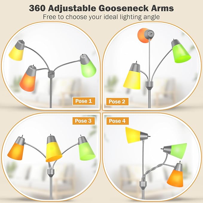 FOLKSMATE LED Floor Lamp, Medusa 3 Head Modern Adjustable Gooseneck Tall Standing Light for Living/Kids Room, Bedroom, Silver Grey - LeafyLoom