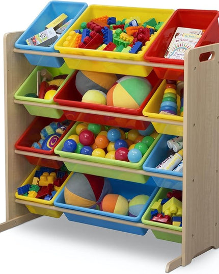 Delta Children Kids Toy Storage Organizer with 12 Plastic Bins - Greenguard Gold Certified, Natural/Primary - LeafyLoom