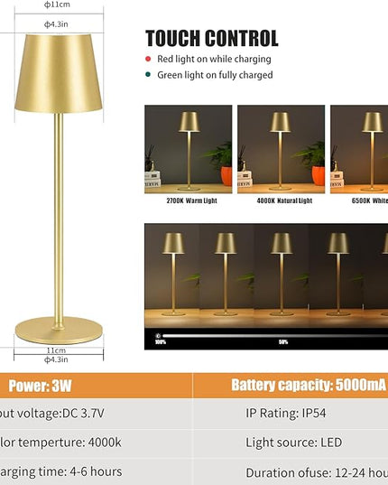 BGFHome Cordless Table Lamp LED Desk lamp,5000mAh Rechargeable Touch Night Light Wireless Minimalist Design for/Restaurant/Bedroom/Bars/Outdoor Party/Camping/Coffee Shop(2 Pack Gold)… - LeafyLoom