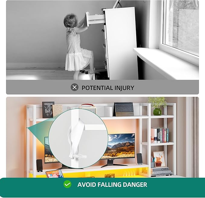 DWVO Computer Desk with Drawers & Hutch, 59.1" Office Desk with Power Outlets & LED Lights, Home Office Desk with Storage Shelves, White - LeafyLoom