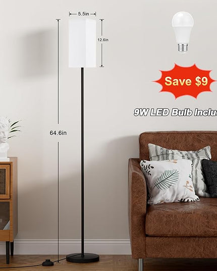 Ambimall Remote Control Floor Lamp, Stepless Dimmable, 64 Inches Tall, Include 9W Bulb, Standing Lamp for Living Room Bedroom Office (White & Black) - LeafyLoom