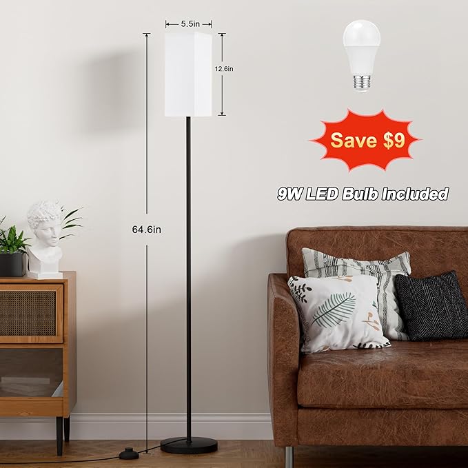 Ambimall Remote Control Floor Lamp, Stepless Dimmable, 64 Inches Tall, Include 9W Bulb, Standing Lamp for Living Room Bedroom Office (White & Black) - LeafyLoom