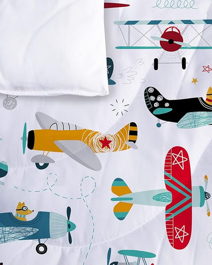 Kids Airplane Comforter Set Twin Size Colorful Cartoon propeller plane Bedding Set Kids Boys Teens Young Man Cartoon Airplanes Down Comforter Aviation Theme Duvet Bedroom Decor - LeafyLoom
