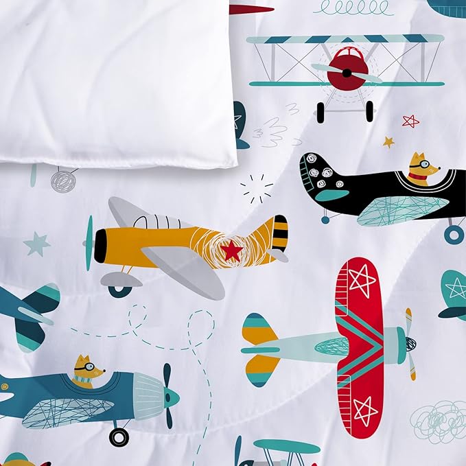 Kids Airplane Comforter Set Twin Size Colorful Cartoon propeller plane Bedding Set Kids Boys Teens Young Man Cartoon Airplanes Down Comforter Aviation Theme Duvet Bedroom Decor - LeafyLoom