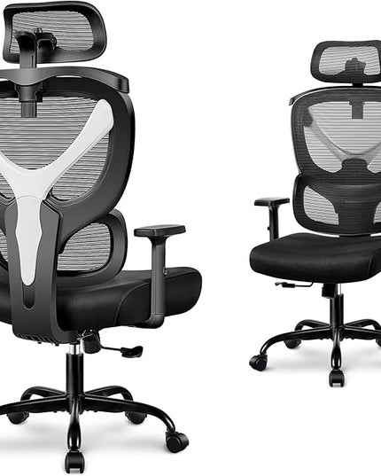 Office Chair Ergonomic Desk Chair Comfy Computer Chair, Big and Tall Home Office Chair with Back Support, Mesh Office Chair High Back Gaming Chair with Adjustable Armrest (White) - LeafyLoom