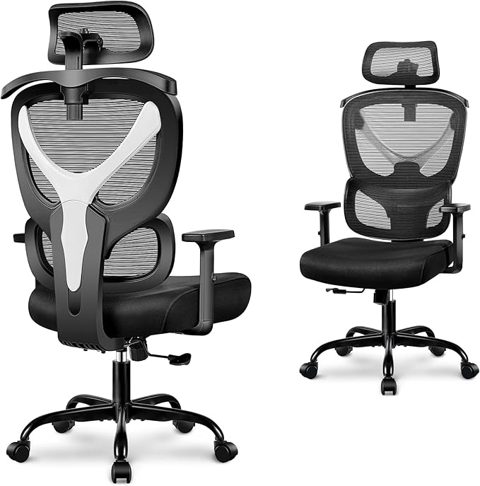 Office Chair Ergonomic Desk Chair Comfy Computer Chair, Big and Tall Home Office Chair with Back Support, Mesh Office Chair High Back Gaming Chair with Adjustable Armrest (White) - LeafyLoom