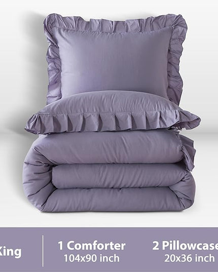 Andency Grayish Lavender Purple King Comforter Set, 3 Pieces Solid Ruffle Bedding Set & Collections, Lightweight Fluffy Soft Microfiber All Season Shabby Chic Bedding Set - LeafyLoom