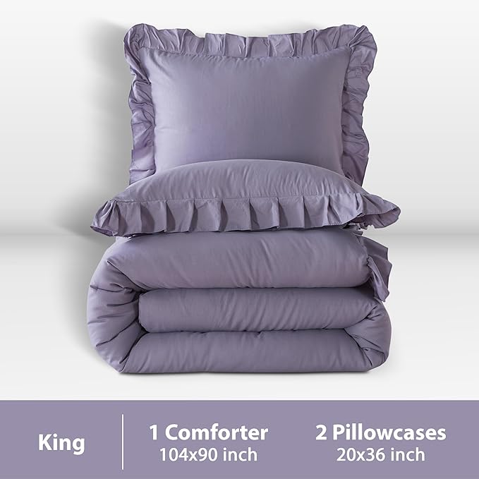 Andency Grayish Lavender Purple King Comforter Set, 3 Pieces Solid Ruffle Bedding Set & Collections, Lightweight Fluffy Soft Microfiber All Season Shabby Chic Bedding Set - LeafyLoom