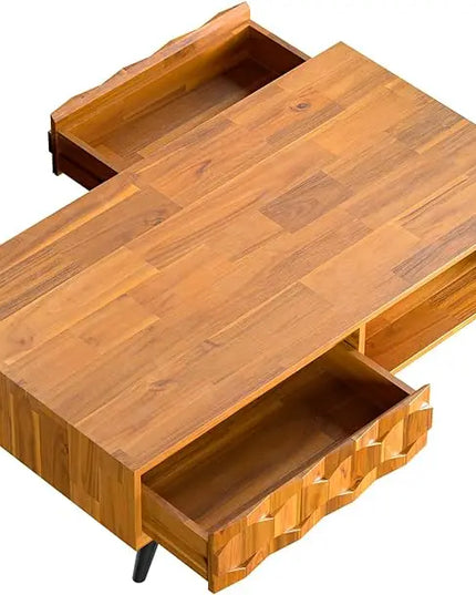Bme Georgina Solid Wood Coffee Tables for Living Room, Coffee Table Mid Century Modern with 2 Symmetrical Storage Drawers & Geometric Details, Fully Assembled Center Table, Teak Brown - LeafyLoom