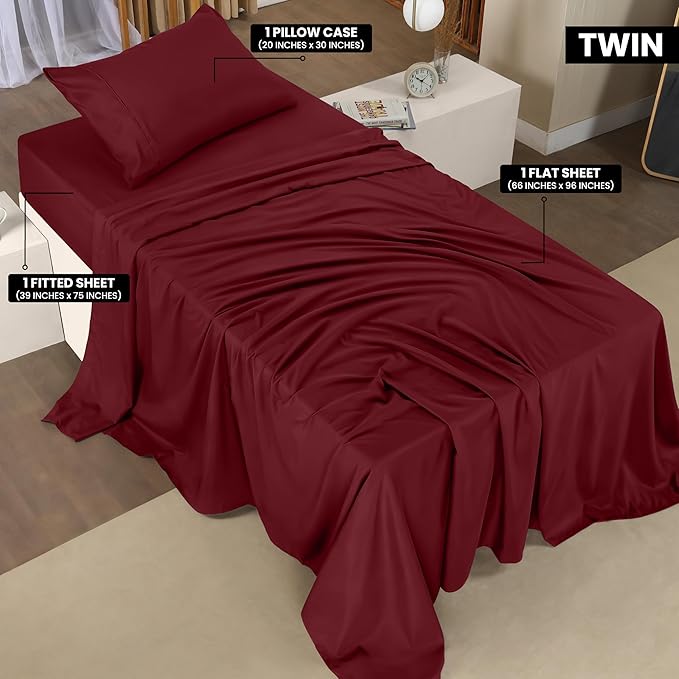 Utopia Bedding Twin Bed Sheets Set - 3 Piece Bedding - Brushed Microfiber - Shrinkage and Fade Resistant - Easy Care (Twin, Burgundy) - LeafyLoom