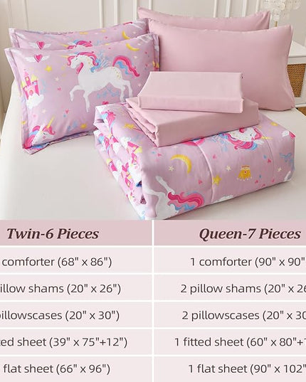 Queen Comforter Set for Girls, 7 Pieces Bed in a Bag with Shams, Sheet Set, Pink Unicorn Double Soft Microfiber Kids Comforter Bedding Set - LeafyLoom
