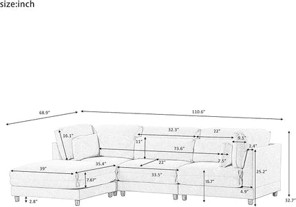 110.6" Modern 2 Pieces L Shaped Sofa with Removable Ottomans and Comfortable Waist Pillows, 4 Seat Large Upholstery Sectional Couch for Living Room, Office, Home, Apartment, Beige, 110.6 Inch - LeafyLoom