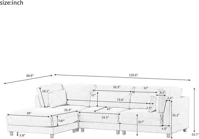 110.6" Modern 2 Pieces L Shaped Sofa with Removable Ottomans and Comfortable Waist Pillows, 4 Seat Large Upholstery Sectional Couch for Living Room, Office, Home, Apartment, Beige, 110.6 Inch - LeafyLoom