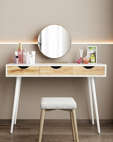 DlandHome Computer Desk with Drawers Mid Century Modern Desk 43 Inches Vanity Desk with 3-Drawers, Office Desk with Drawers Writing Desk Study Table Makeup Tables, Bedroom Dresser Table - LeafyLoom