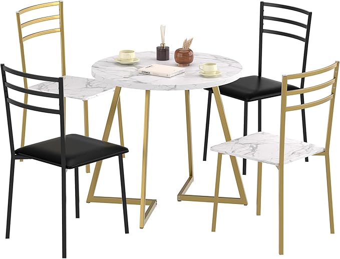 VECELO Round Dining Table with Steel Frame for 2-4 People, Space Saving for Home, Kitchen, Apartment, White & Gold - LeafyLoom