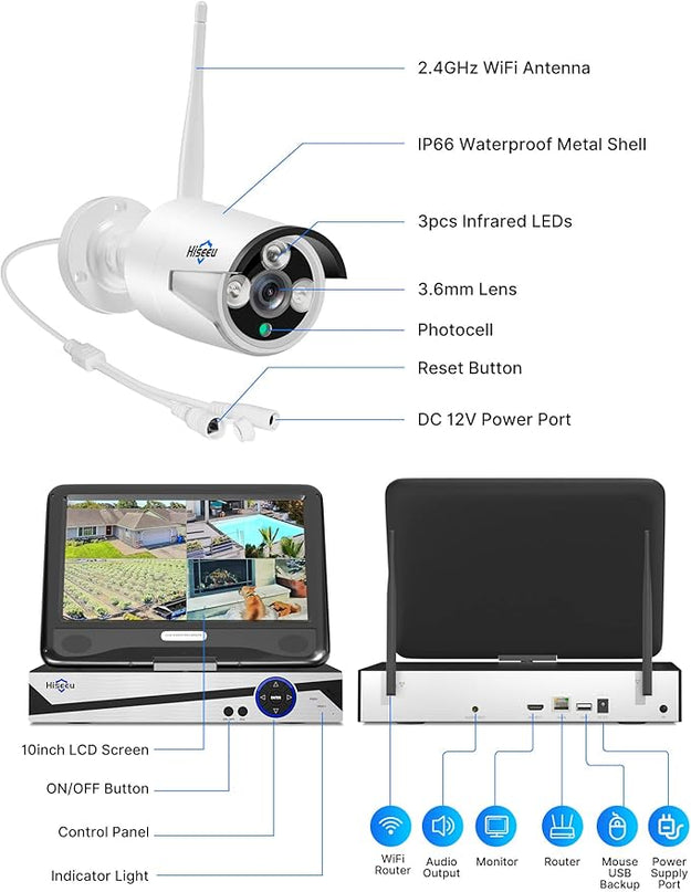 [10CH Expandable] Hiseeu Wireless Security Camera System with 10in LCD 4K Monitor, 4Pcs 5MP Outdoor Indoor Cameras with One-Way Audio, Waterproof, Motion Detect, 1TB HDD/Cloud Storage, Work with Alexa Hiseeu