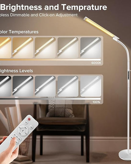 LED Floor Lamp, Floor Lamps for Living Room with Night Light & 5 Colors & 5 Brightness, Adjustable Gooseneck Floor Reading Lamp with Remote & Touch Control, Tall Standing Floor Lamp for Bedroom Office - LeafyLoom