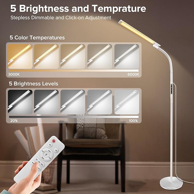LED Floor Lamp, Floor Lamps for Living Room with Night Light & 5 Colors & 5 Brightness, Adjustable Gooseneck Floor Reading Lamp with Remote & Touch Control, Tall Standing Floor Lamp for Bedroom Office - LeafyLoom