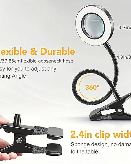 Desk Magnifying Glass with Light 10X, Clip on Desk Lamp,Craft Lamp Adjustable Lighted Magnifying Glass with Stand Portable Eye LED Lamp 3 Colors Dimmable for Reading Crafts Workbench(Sliver 2.0) - LeafyLoom