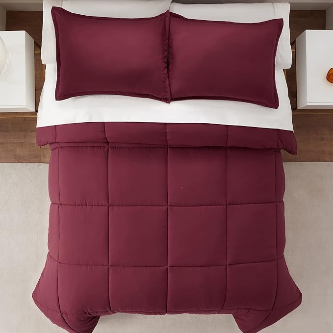 SERTA Simply Clean Ultra Soft Hypoallergenic Solid 3 Piece Comforter Set, Full/Queen, Burgundy - LeafyLoom