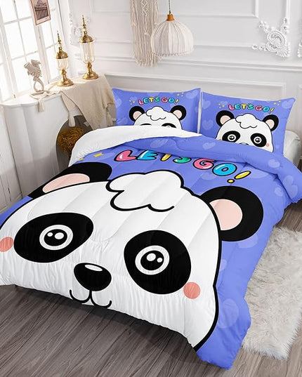 Datura home Panda Comforter Bedding Set for Boys Girls Kids Teens,Cartoon Panda Blue Heart Kawaii Animal Theme with 1 Comforter and 2 Pillowcases(Panda Queen) - LeafyLoom