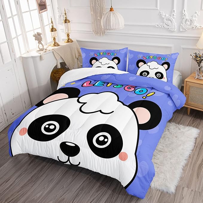 Datura home Panda Comforter Bedding Set for Boys Girls Kids Teens,Cartoon Panda Blue Heart Kawaii Animal Theme with 1 Comforter and 2 Pillowcases(Panda Twin) - LeafyLoom