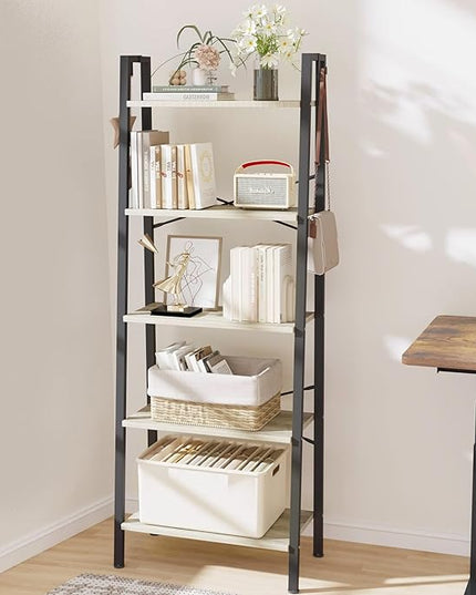 Ladder Shelf, Bookshelf Bookcase, Freestanding Corner Storage Shelve with 2 Hooks for Home Office, Living Room, Kitchen, Bedroom, Industrial, 5-Tier Greige BC19305B - LeafyLoom