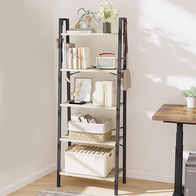 Ladder Shelf, Bookshelf Bookcase, Freestanding Corner Storage Shelve with 2 Hooks for Home Office, Living Room, Kitchen, Bedroom, Industrial, 5-Tier Greige BC19305B - LeafyLoom