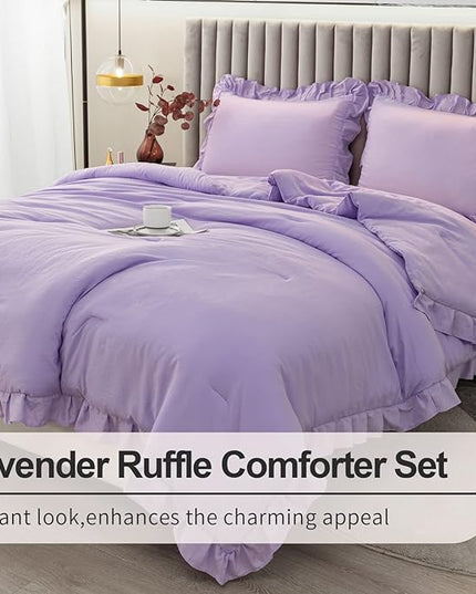Andency Lavender Ruffle Comforter Full(79x90Inch), 3 Pieces(1 Ruffled Comforter and 2 Pillowcases) Solid Farmhouse Shabby Chic Comforter, Vintage Rustic Soft Microfiber Bedding Set - LeafyLoom