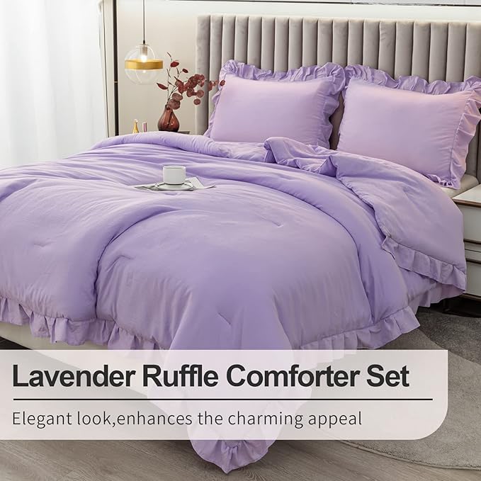 Andency Lavender Ruffle Comforter Queen(90x90Inch), 3 Pieces(1 Ruffled Comforter and 2 Pillowcases) Solid Farmhouse Shabby Chic Comforter, Vintage Rustic Soft Microfiber Bedding Set - LeafyLoom
