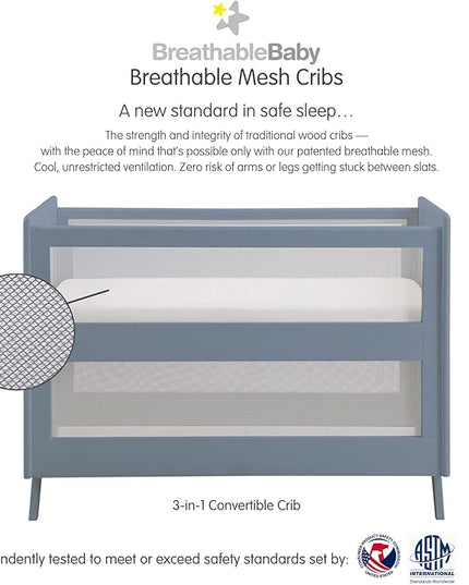 BreathableBaby Breathable Mesh 3-in-1 Convertible Crib (Toddler Bed Kit Sold Separately) — Steel Gray — Two Adjustable Mattress Heights — Greenguard Gold Certified - LeafyLoom