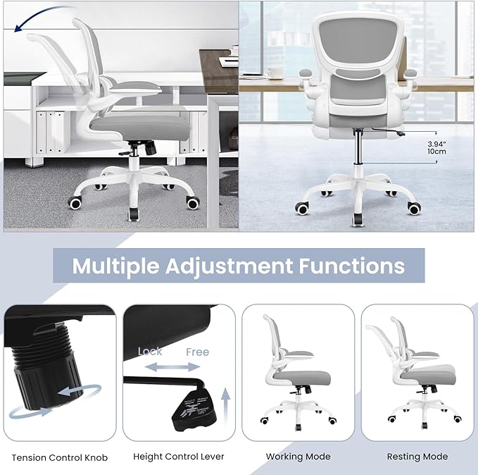 Office Chair, Ergonomic Desk Chair with Lumbar Support and Adjustable Armrests, Comfy Desk Chair Breathable Mesh Mid Back Computer Chair, Reclining Office Chair for Home Office - Light Gray - LeafyLoom