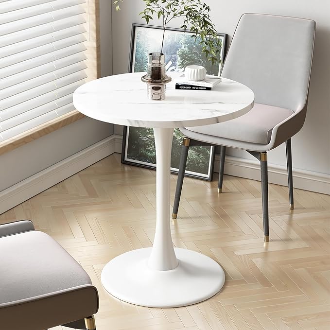 White Marble Round Table Modern Dining Table Marble Texture Tulip Round Kitchen Table Mid Century Coffee Table for Living Room 24 inch - LeafyLoom