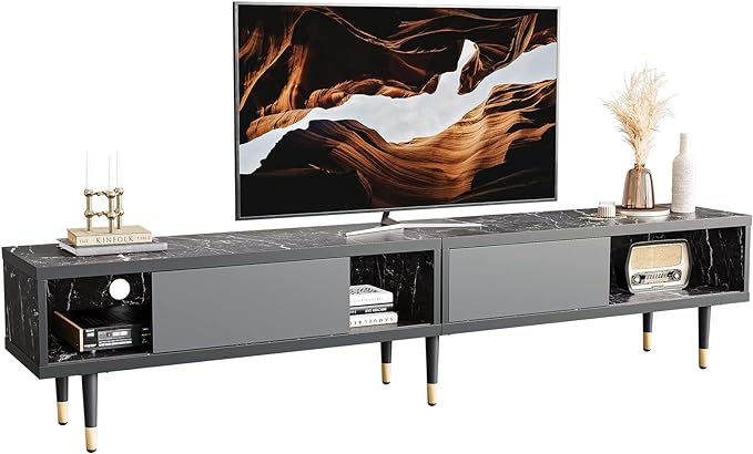 Bestier Mid Century Modern TV Stand for 85 inch tv, Entertainment Center with Storage and Sliding Doors, 2 in 1 Long TV Cabinet for Living Room, Black Marble - LeafyLoom