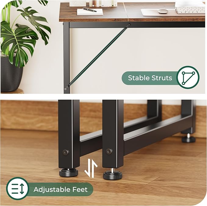 Computer Desk, 63 Inch Office Desk, Gaming Desk with Storage, Writing Desk Work Desk for Home Office, Study, Modern Simple Desk, Large Legroom, Metal Frame, Rustic Brown - LeafyLoom