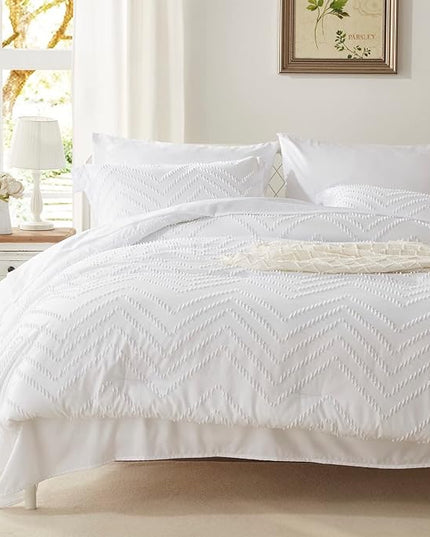 Anluoer Full Comforter Set, White Tufted Bed in a Bag 7 Pieces with comforters and sheets, All Season Bedding Sets with 1 Comforter, 2 PillowShams, 2 Pillowcases, 1 Flat Sheet, 1 Fitted Sheet - LeafyLoom