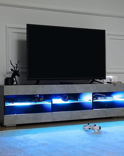 HOMMPA LED TV Stand for 65 inch TV Grey Black TV Stand with Led Lights Modern TV Entertainment Center with Glass Shelves TV Media Console for Living Room - LeafyLoom