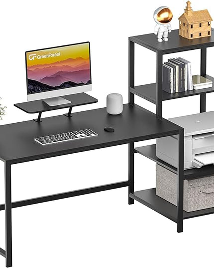 GreenForest Computer Desk 58 inch with Storage Printer Shelf Reversible Gaming Home Office Desk with Movable Monitor Stand and 2 Headphone Hooks for Study Writing PC Working, Black - LeafyLoom