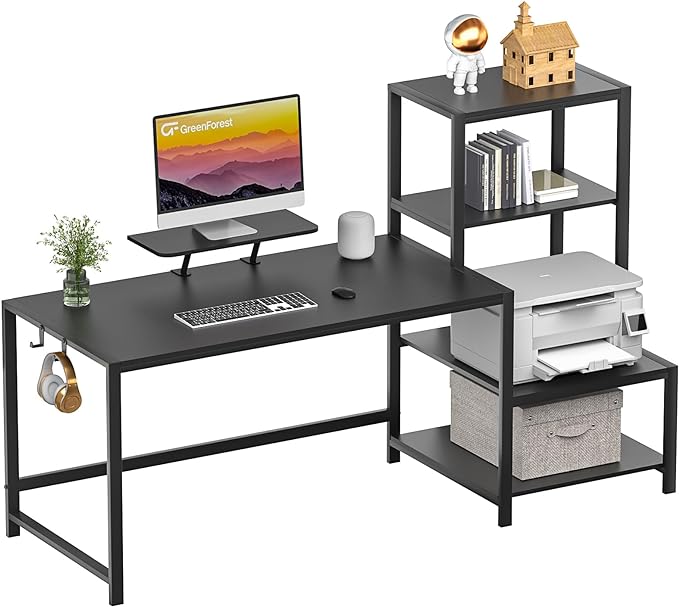 GreenForest Computer Desk 58 inch with Storage Printer Shelf Reversible Gaming Home Office Desk with Movable Monitor Stand and 2 Headphone Hooks for Study Writing PC Working, Black - LeafyLoom