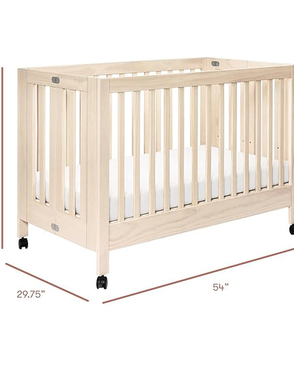 Babyletto Maki Full-Size 2-in-1 Portable Folding Crib with Toddler Bed Conversion Kit in Washed Natural, Greenguard Gold Certified - LeafyLoom