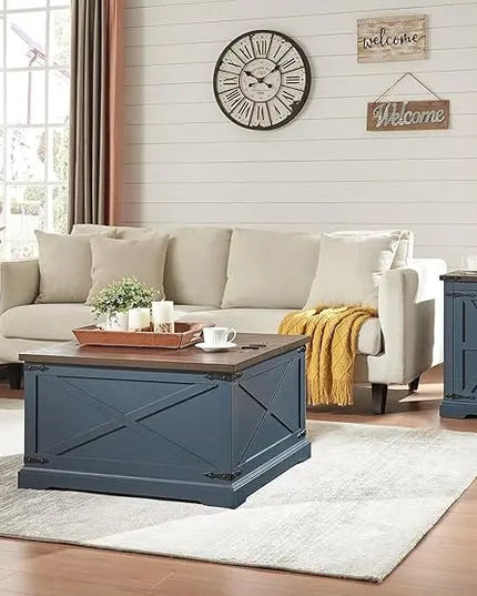 Farmhouse Square Coffee Table with Storage, Wood Center Table with Hinged Lift Top, Rustic Cocktail Table with Large Hidden Storage Compartment for Living Room, Bedroom,Blue - LeafyLoom
