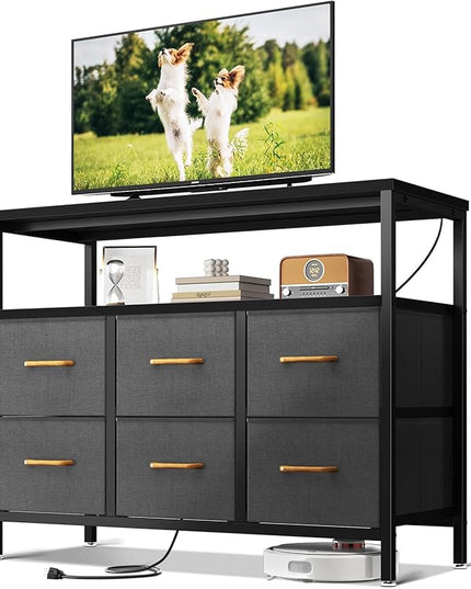 AODK TV Stand with Power Outlet, 40" Long TV Stand with 6 Large Fabric Drawers, Entertainment Center with Open Shelves for 55 Inch TV, Living Room, Black and Dark Grey - LeafyLoom