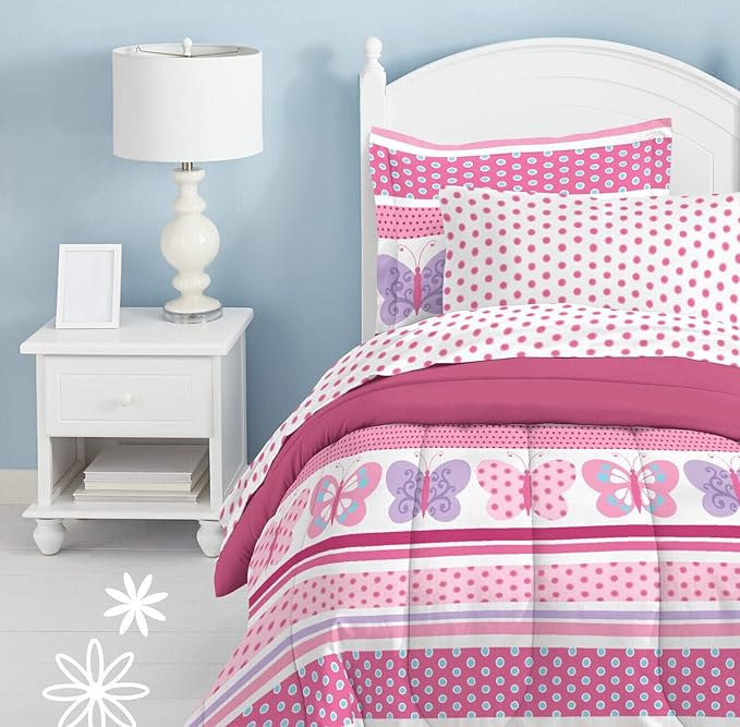 Dream Factory Butterfly Dots Ultra Soft Microfiber Girls Comforter Set, Pink, Full - LeafyLoom