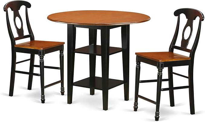 East West Furniture SUKE3H-BCH-W Sudbury 3 Piece Counter Height Set Contains a Round Wooden Table with Dropleaf & Shelves and 2 Kitchen Dining Chairs, 42x42 Inch - LeafyLoom