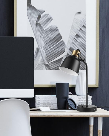 Globe Electric 30297 18" Desk Lamp with 2.1 USB Port, Matte Black, Brass Accents, Push Button On/Off Switch, Home Décor, Desk Lamps for Home Office, Home Office Accessories, Home Improvement - LeafyLoom
