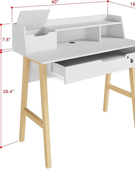 Roma Writing Desk - Elegant Wood Study Desk With Storage, Cable Holes & Drawers - Work Table for Home, Office, Dorm, Small Spaces - Compact Black Desk, 40x19x36.9” (white) - LeafyLoom