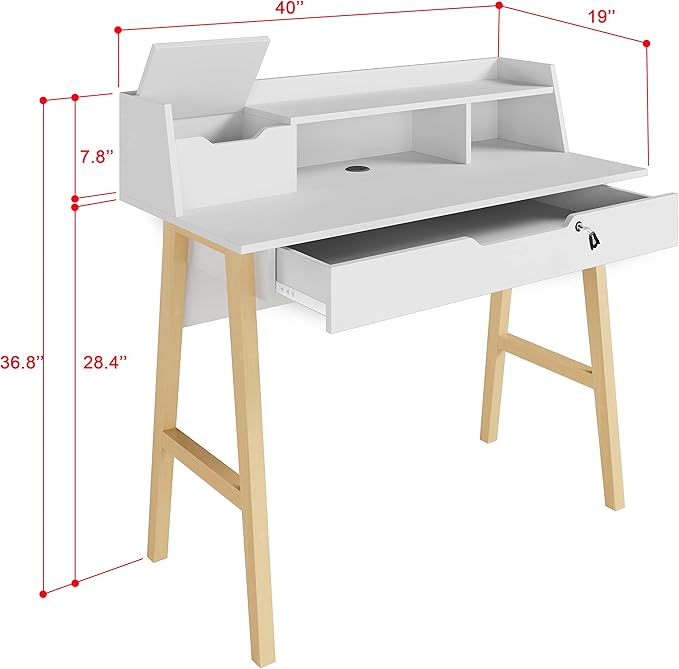 Roma Writing Desk - Elegant Wood Study Desk With Storage, Cable Holes & Drawers - Work Table for Home, Office, Dorm, Small Spaces - Compact Black Desk, 40x19x36.9” (white) - LeafyLoom
